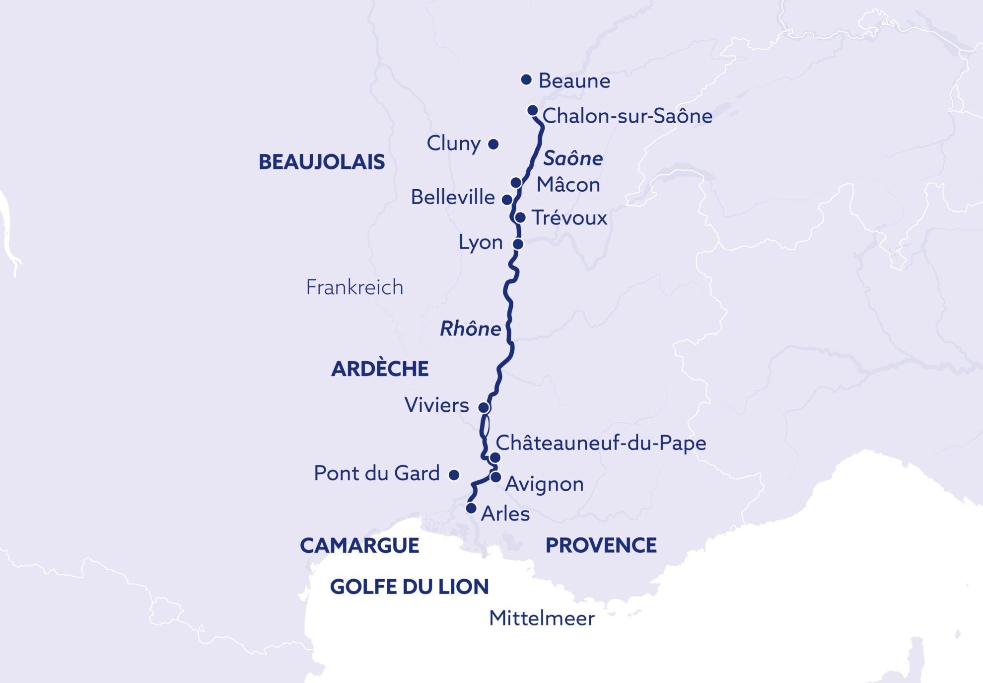 Routenkarte, Flusskreuzfahrt, nicko cruises, Rhone, BIJOU DU RHÔNE