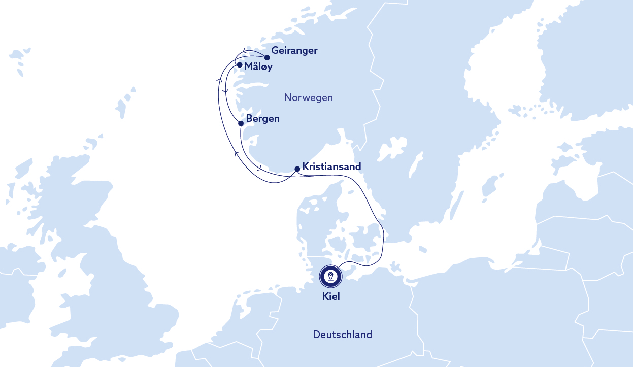 Karte mit der Route einer Kreuzfahrt nach Norwegen, beginnend in Kiel, mit Stationen in Kristiansand, Bergen, Måløy und Geiranger, dargestellt auf einer Karte mit Schwerpunkt auf Skandinavien und der deutschen Küste