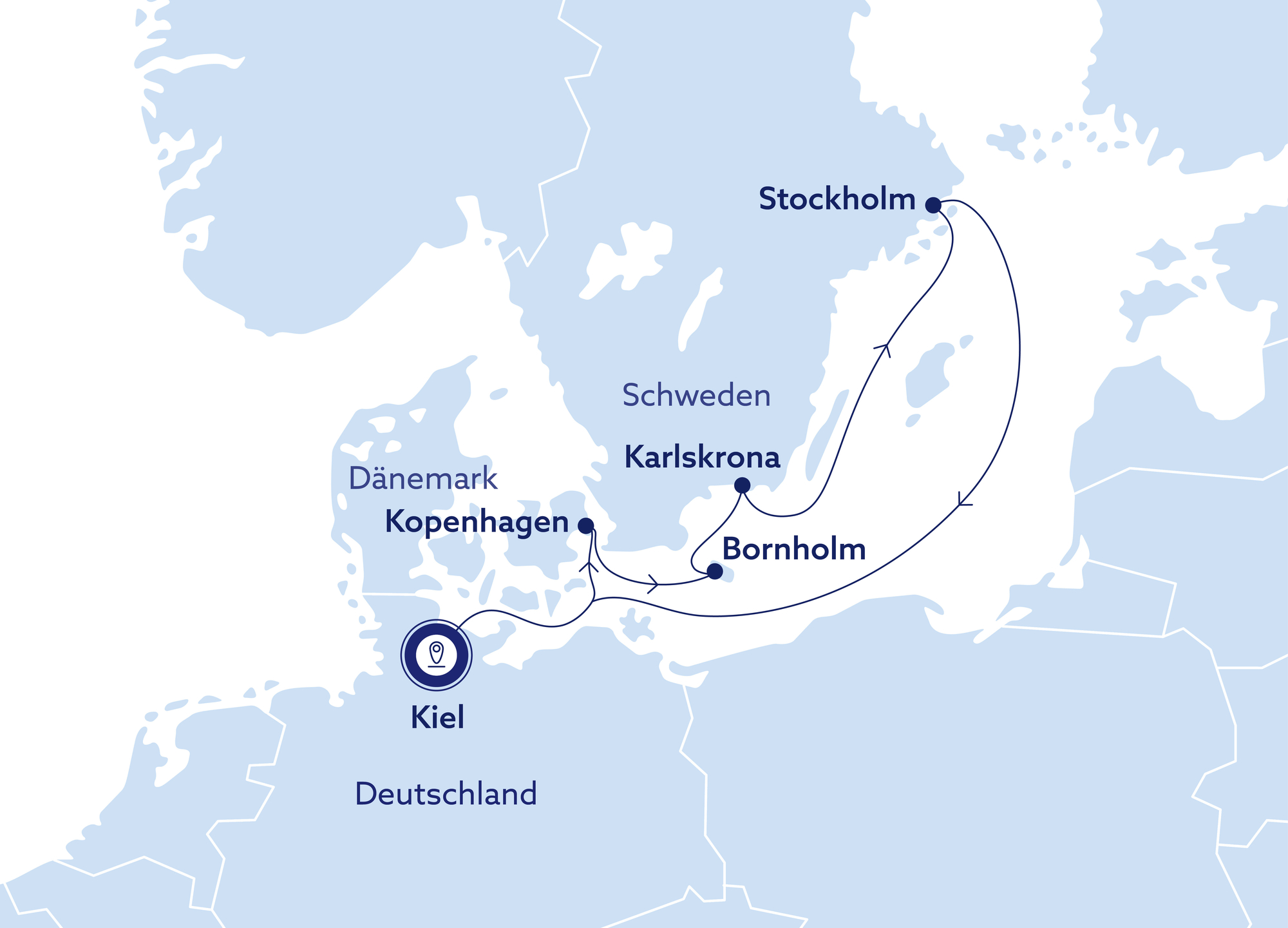 Karte mit der Route einer Ostseekreuzfahrt ab Kiel, mit Stationen in Kopenhagen (Dänemark), Bornholm, Karlskrona und Stockholm (Schweden). Die Kreuzfahrt beginnt und endet in Kiel und führt durch die Ostsee, wobei mehrere skandinavische Ziele angesteuert werden