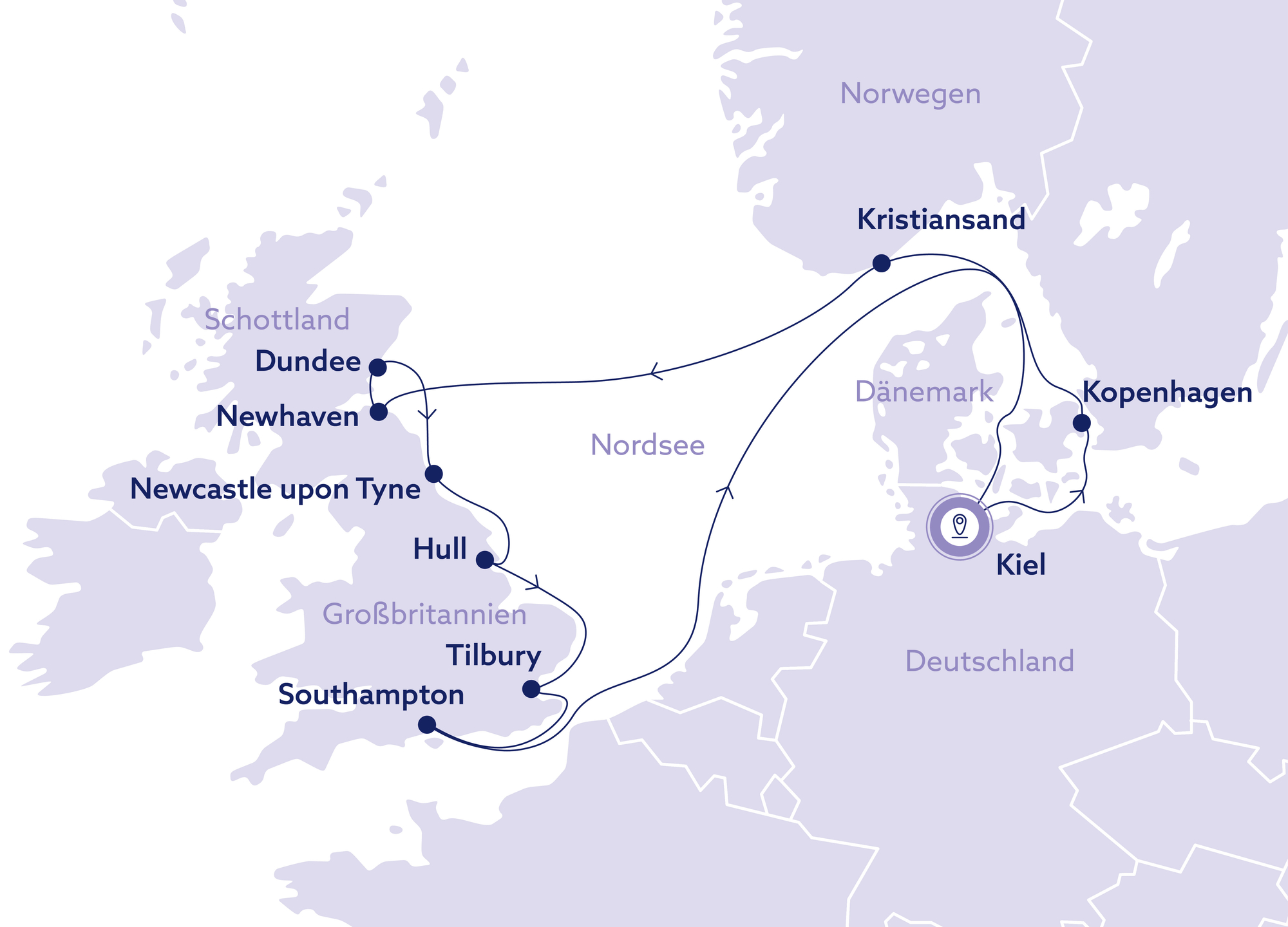 Routenkarte Britische Insel Kreuzfahrt ab Kiel